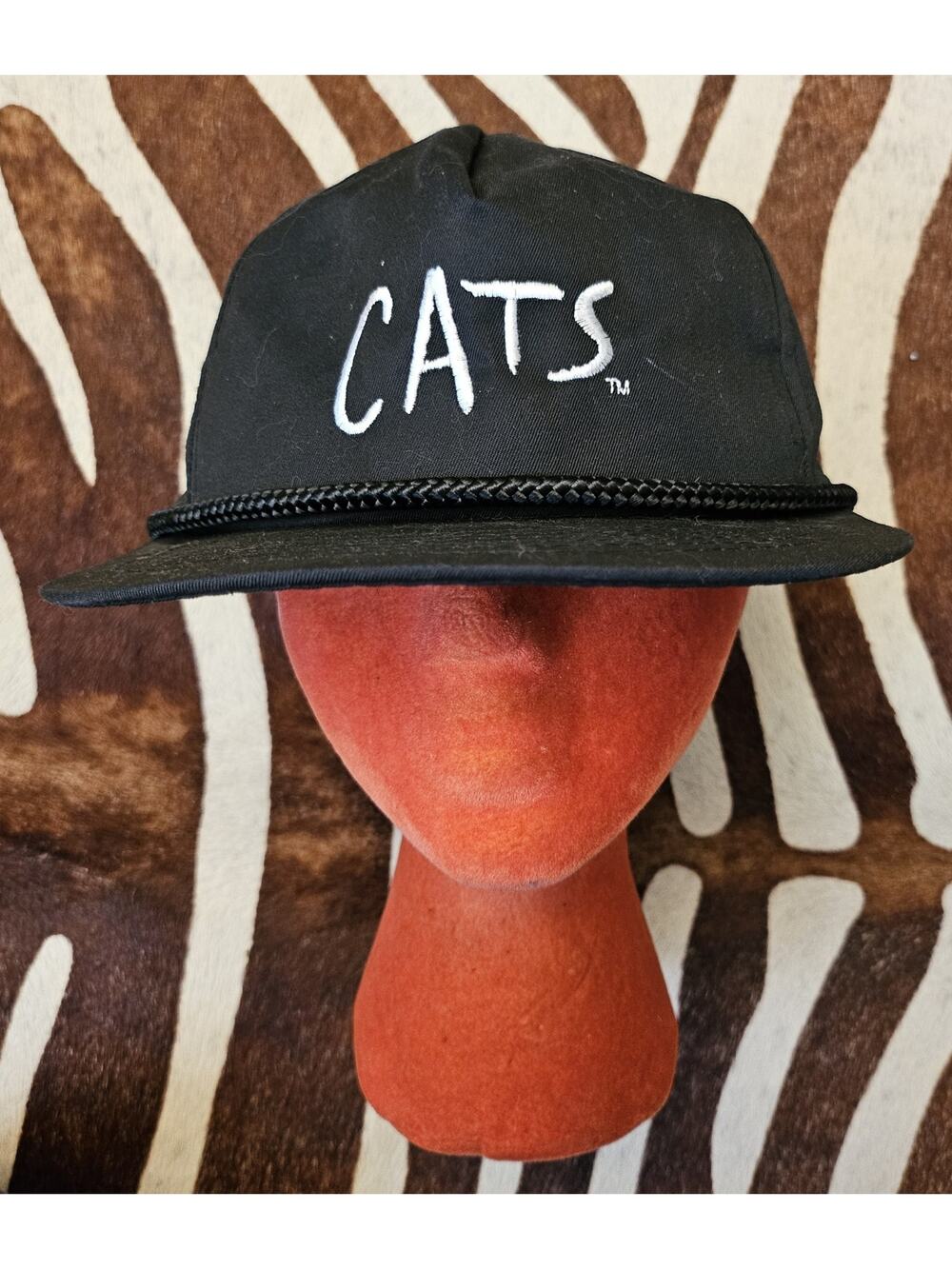 Vintage 80s CATS Snapback Hat Black White Rope Trucker Broadway Theater Musical